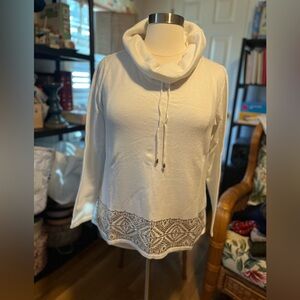 Women's White Cowl Neck Sweater with Pull String Cowl
